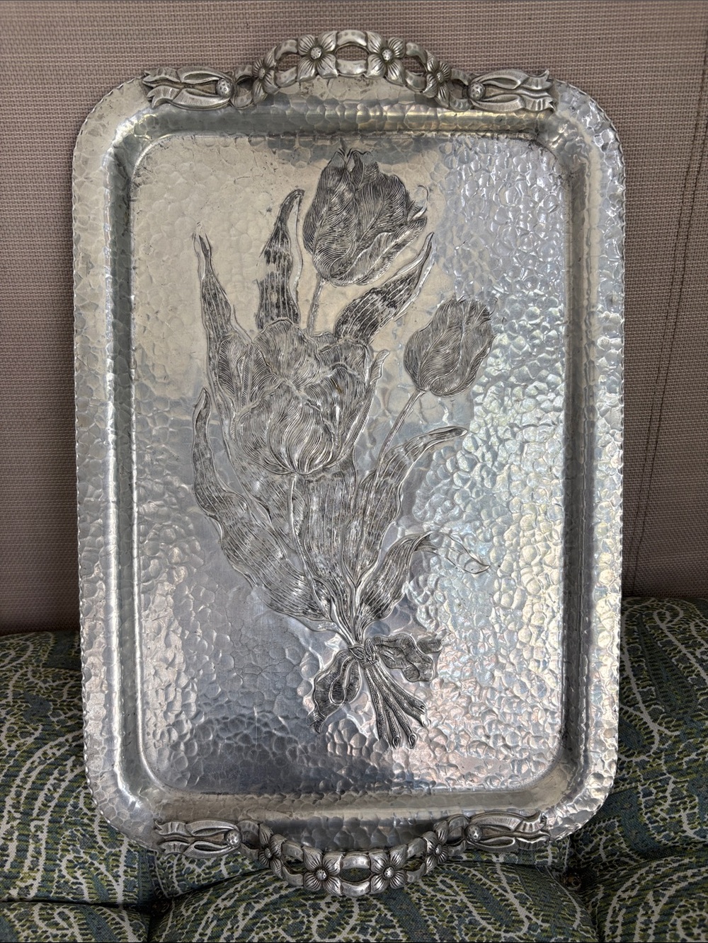 Vintage Rodney Kent Silver Floral Hammered Serving Tray - Tulip Design